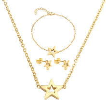 Stainless Steel Earring Bracelet Necklace Five Star Gold Plated Jewelry Set Women